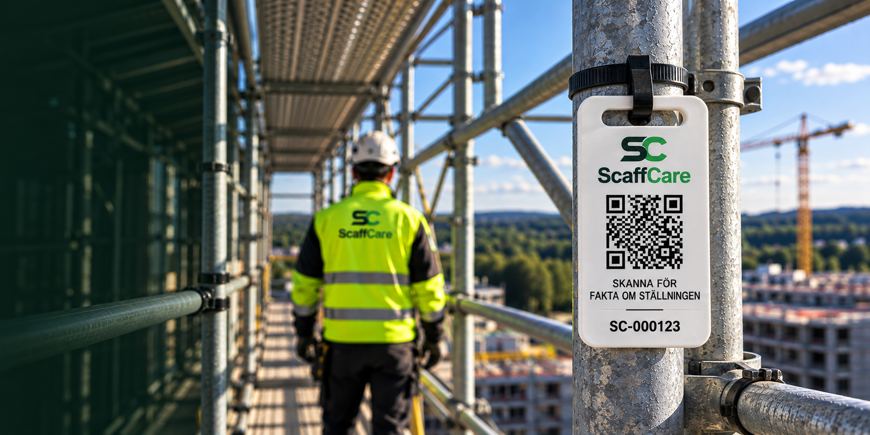 ScaffCare QR-bricka monterad på en byggställning